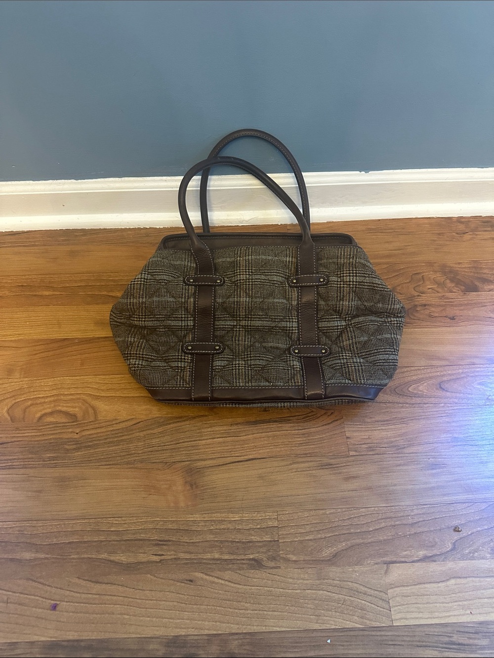 J. Crew Brown Plaid Duffel Bag with Dark Brown Trim